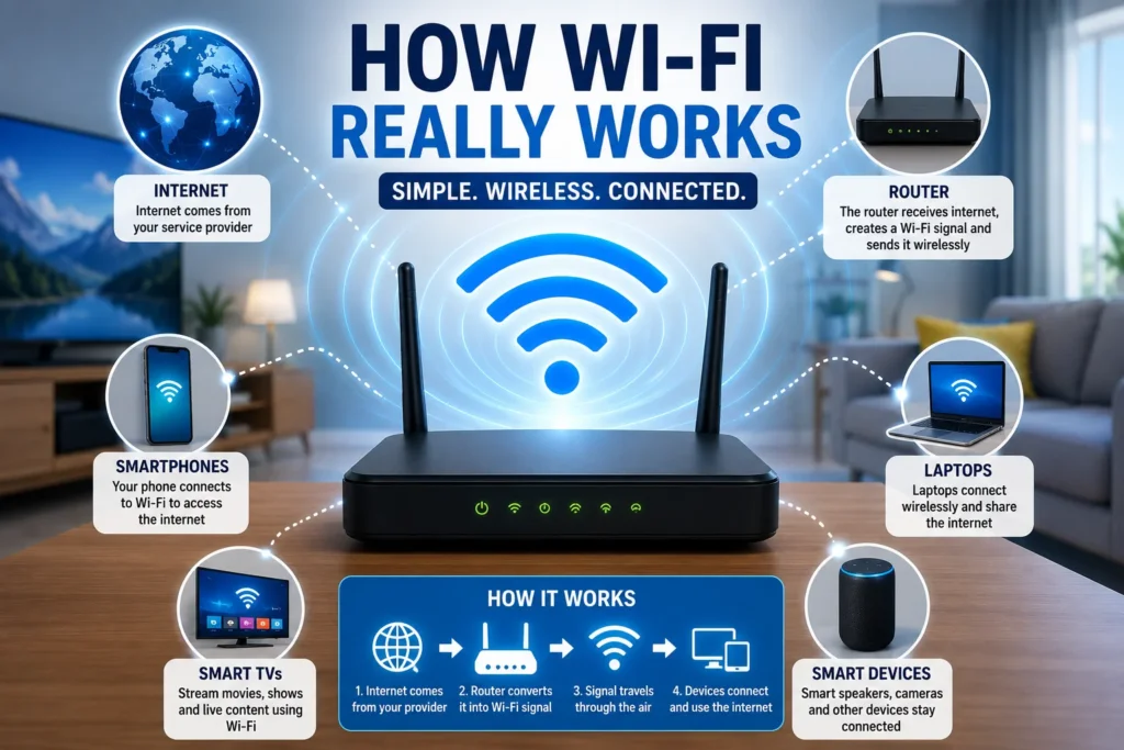 Illustration showing a Wi-Fi router wirelessly connecting smartphones laptops and smart devices