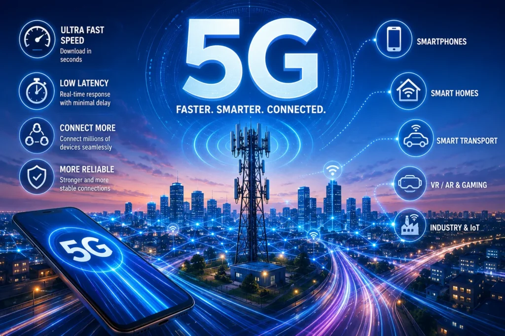 Futuristic illustration showing 5G towers connecting smartphones with high speed internet