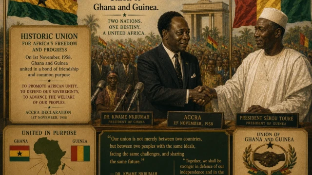 1958 November — Union of Ghana and Guinea Ghana and Guinea unite in a Pan-African partnership.