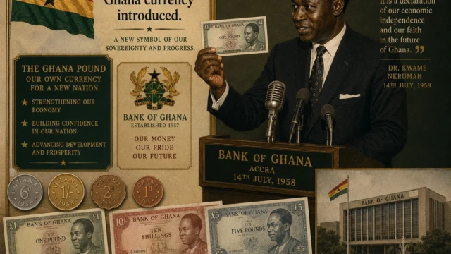 1958 14th July —Introduction of Ghana’s National Currency Dr. Kwame Nkrumah introducing Ghana’s new currency in 1958.