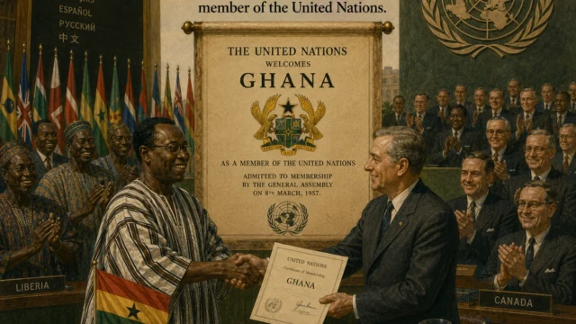 1957 8th March— Ghana Admitted to the United Nations Ghana delegation at the United Nations after independence in 1957.