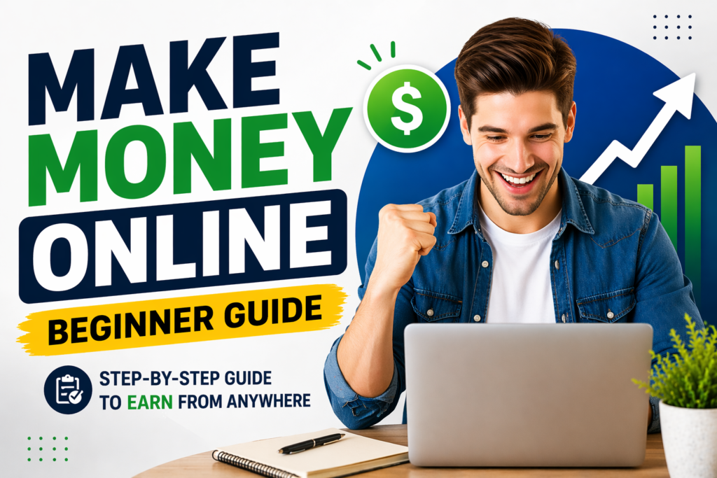 Make money online beginner guide with laptop user showing financial growth and success