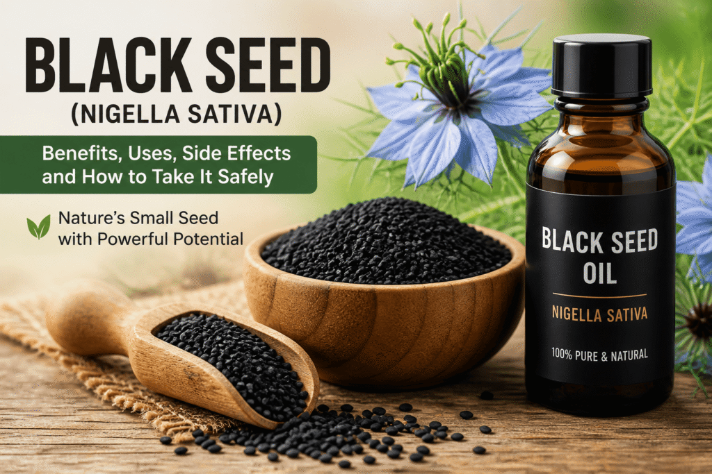 Black seed (Nigella sativa) seeds and oil used for natural health and wellness