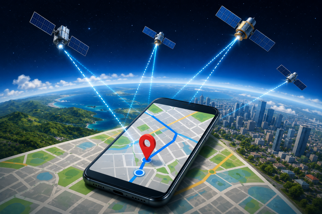 Illustration showing GPS satellites connecting to a smartphone navigation system