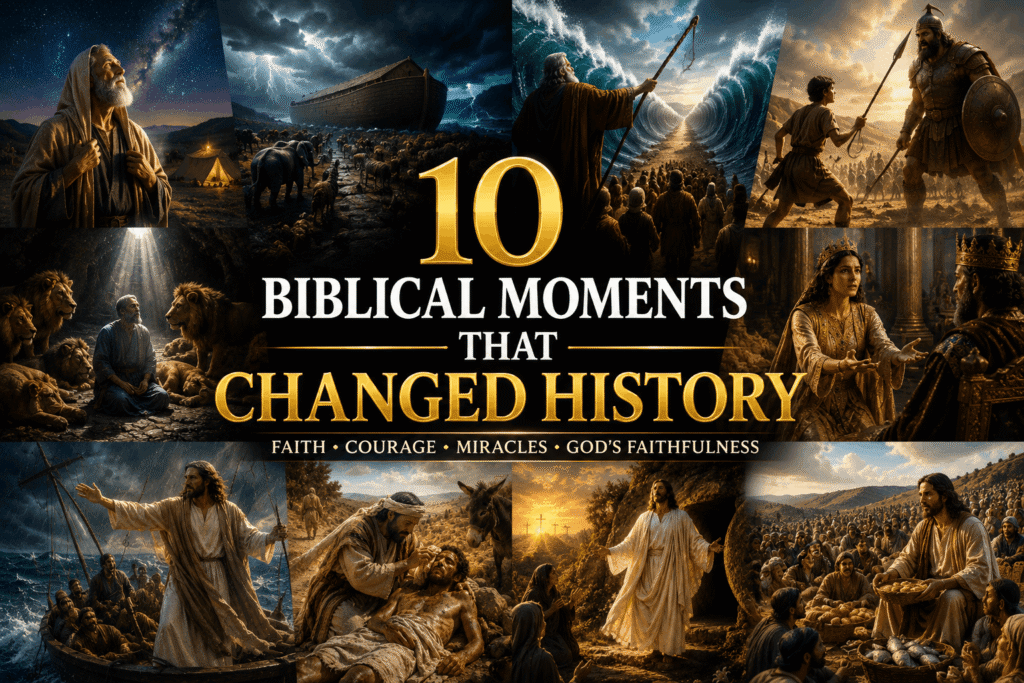 Colorful cartoon-style collage showing famous Bible stories including Noah’s Ark, Moses parting the Red Sea, David and Goliath, Daniel in the lions’ den, the birth of Jesus, Queen Esther, the Good Samaritan, Jesus calming the storm, and the resurrection of Jesus.