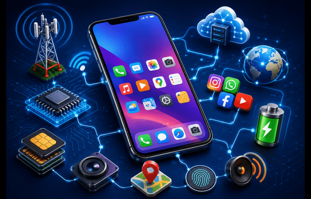 Illustration explaining how smartphones work including calls internet apps and mobile networks