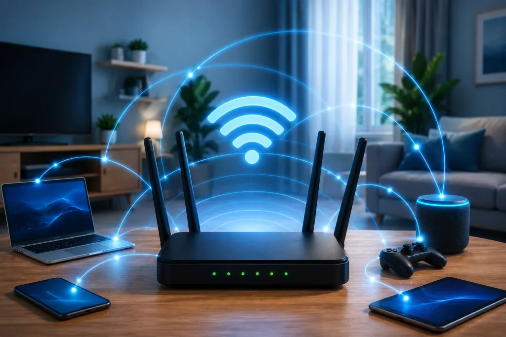 Illustration showing a Wi-Fi router wirelessly connecting smartphones laptops and smart devices