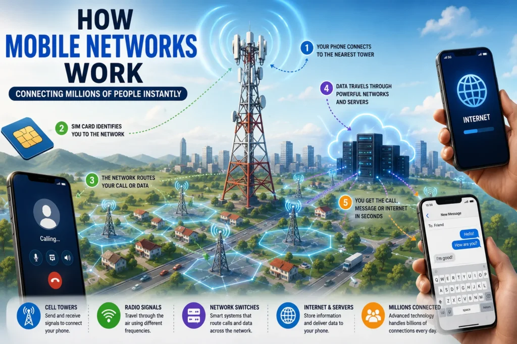 Illustration showing how mobile towers connect smartphones through wireless networks