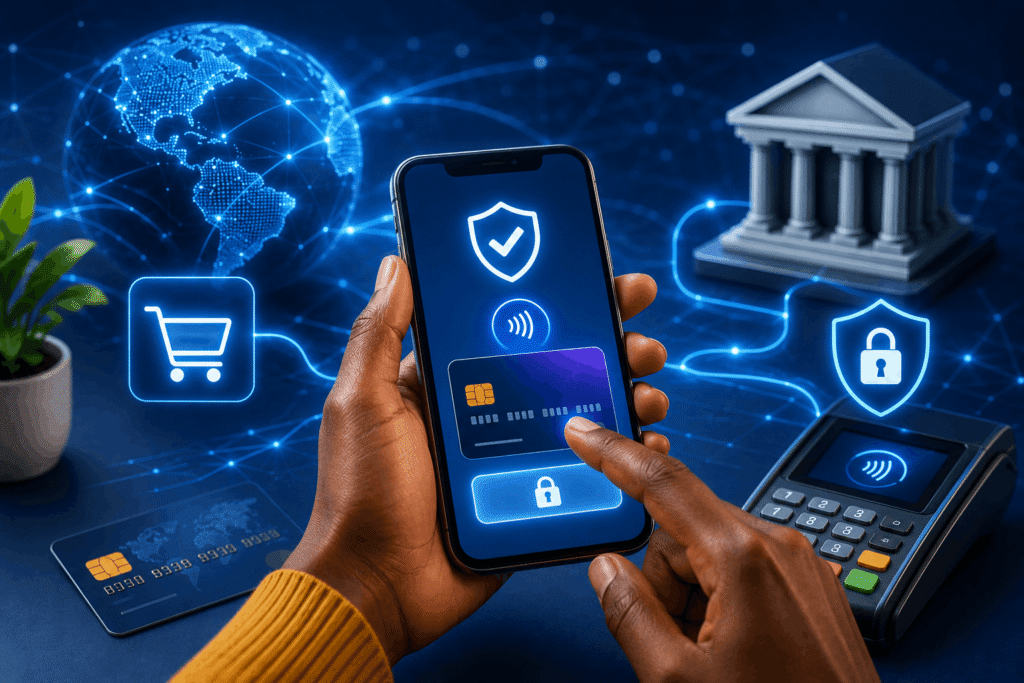 Illustration showing online payment systems processing digital transactions through smartphones banks and payment gateways