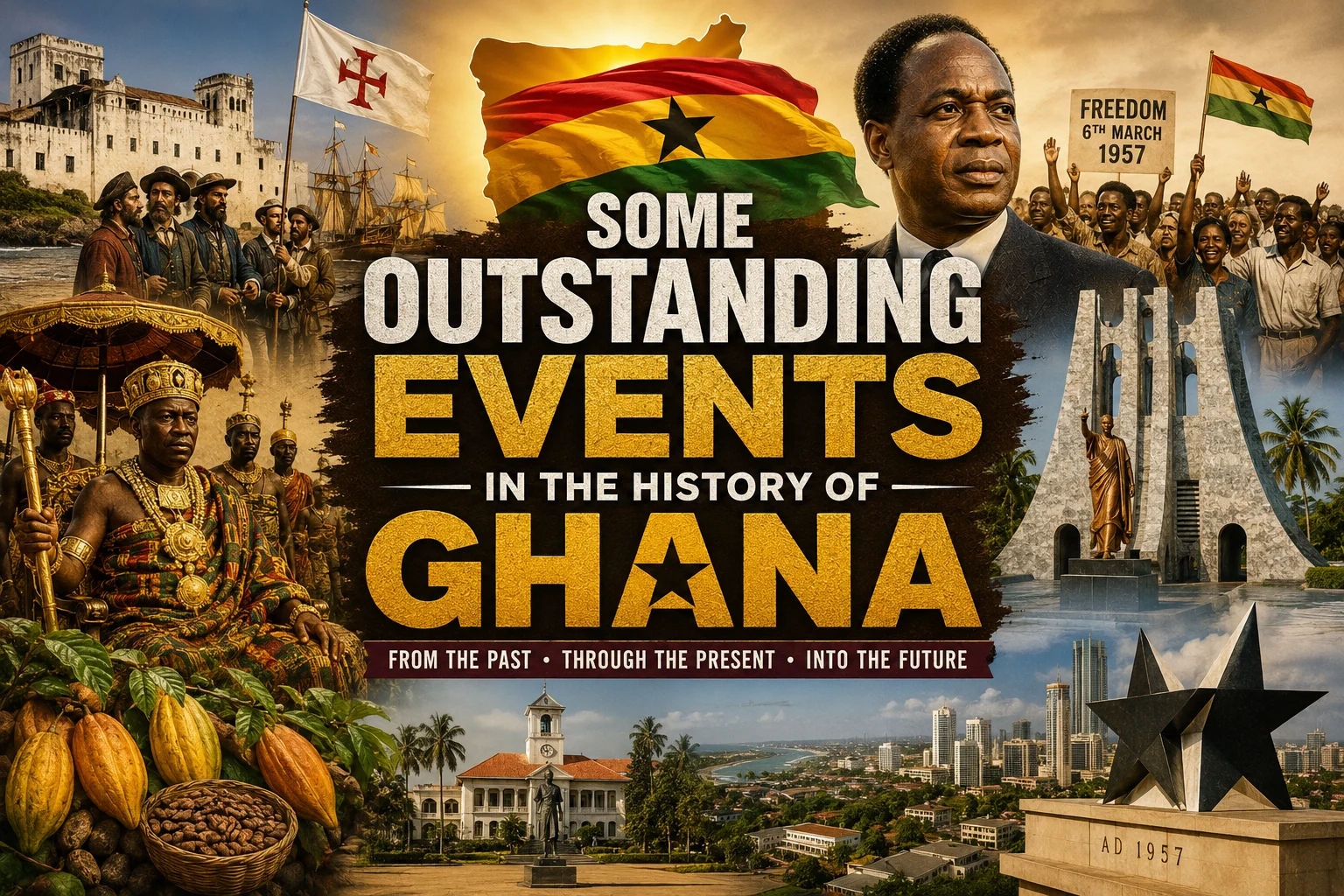 Collage-style historical image showing major events in Ghana’s history including Dr. Kwame Nkrumah, independence celebrations, Elmina Castle, Ashanti Kingdom, Black Star Square, and Ghana national symbols.