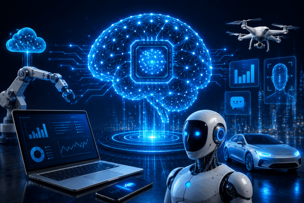 Illustration showing artificial intelligence technology connecting humans computers robots and digital systems