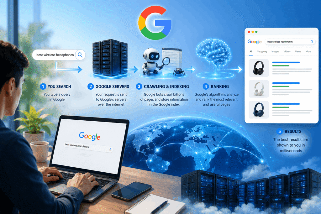 Illustration showing how Google search connects users to websites through internet servers and search engines
