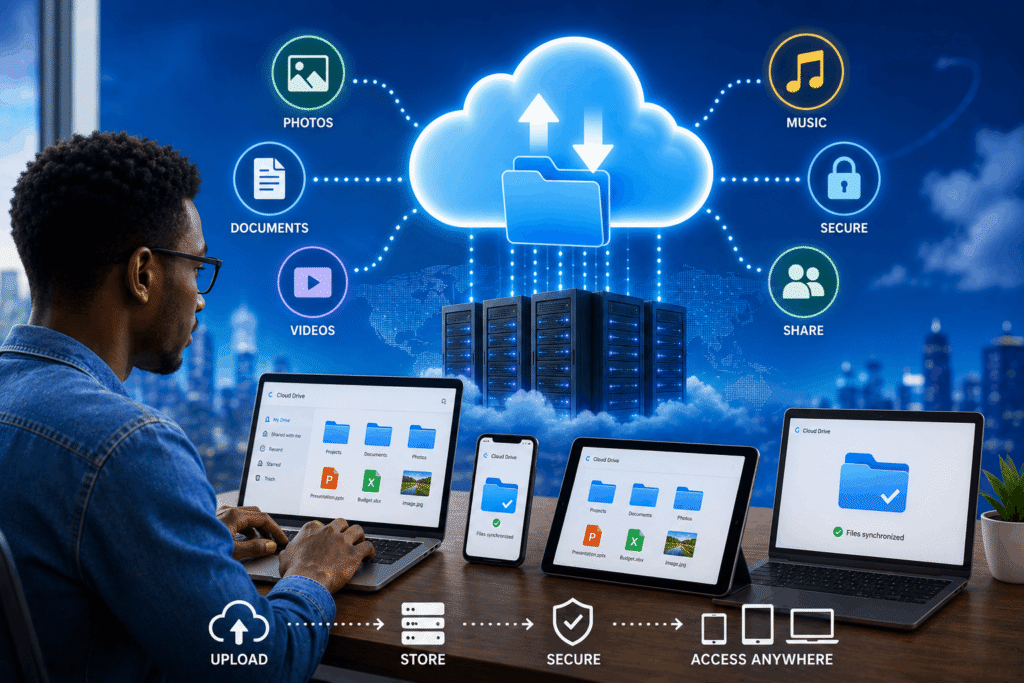 Illustration showing cloud storage servers synchronizing files between smartphones laptops and online systems