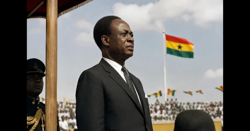 Dr. Kwame Nkrumah standing during Ghana independence celebration in cinematic historical style