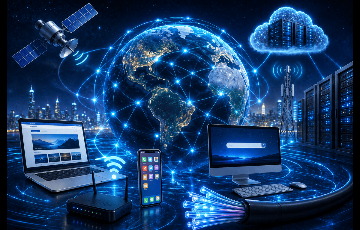 Illustration showing the internet connecting devices servers websites and global communication systems