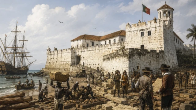 Portuguese Build Fort Sao Jorge d’Elmina (1482) Portuguese sailors and builders constructing Fort Sao Jorge d’Elmina on the Gold Coast in 1482.