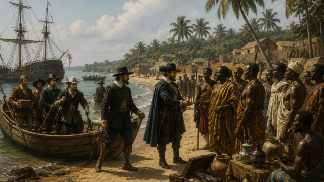 English traders arriving by ship on the Gold Coast during the 16th century English traders arriving by ship on the Gold Coast during the 16th century