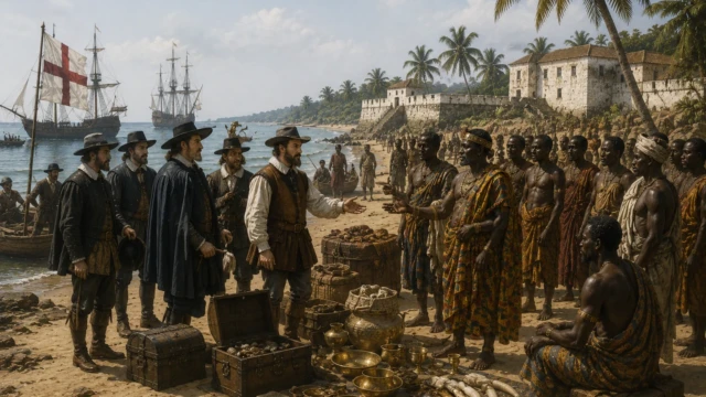 First English Traders Arrive on the Gold Coast (1533) English traders arriving by ship on the Gold Coast during the 16th century