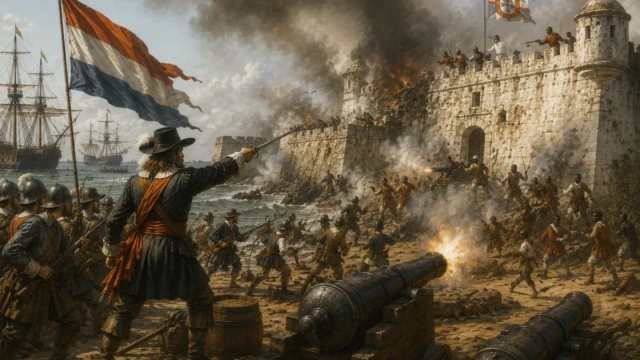 Dutch soldiers attacking Portuguese positions along the Gold Coast in 1642.