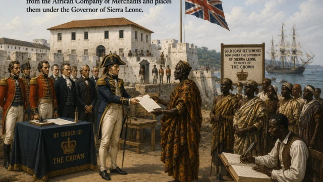 British Crown Takes Over Gold Coast Settlements (1827) British colonial officials governing Gold Coast settlements under the Crown in 1827.