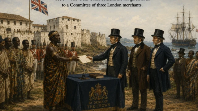 British colonial authorities retaking control of Gold Coast settlements in 1843.