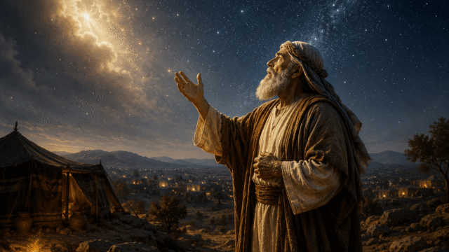 God’s Promise to Abraham God speaking to Abraham under a star-filled night sky in a biblical desert scene.