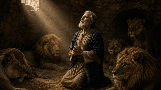 Daniel in the Lions’ Den Daniel praying peacefully among lions inside a dark stone den