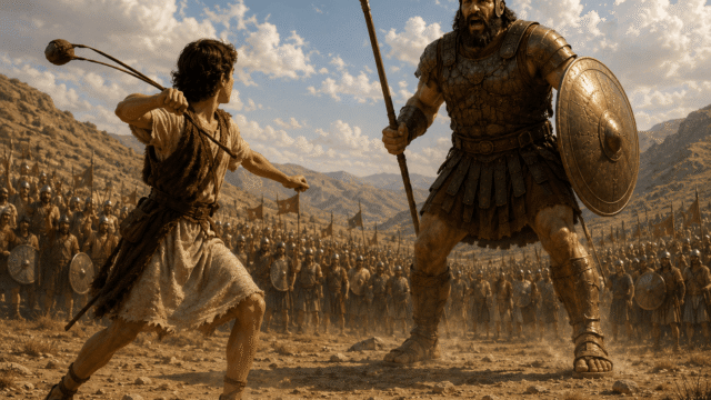 David Defeats Goliath Young David facing the giant Goliath on a battlefield.
