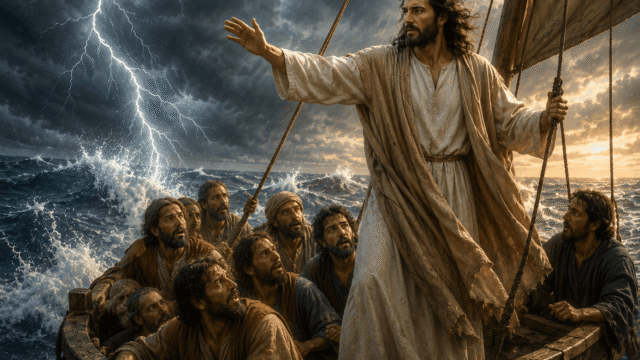 Jesus Calms the Storm Jesus calming a violent storm while standing in a boat with his disciples.