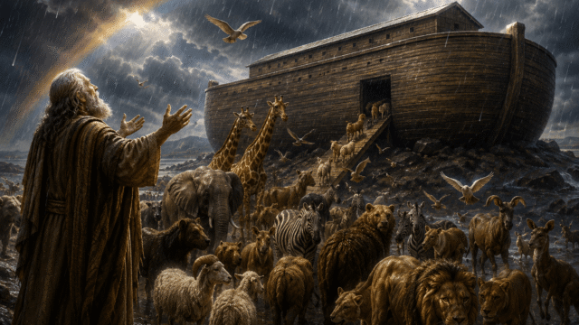 Noah and the Ark Noah standing beside the ark as animals enter during the coming flood.