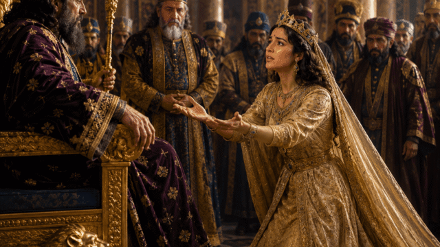 Queen Esther Saves Her People Queen Esther pleading before the king in a royal palace