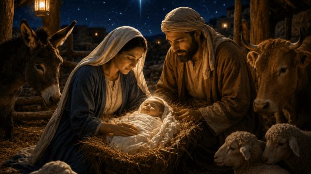 The Birth of Jesus Christ Mary and Joseph watching over baby Jesus lying in a manger inside a humble stable in Bethlehem, surrounded by animals under the glowing Star of Bethlehem.