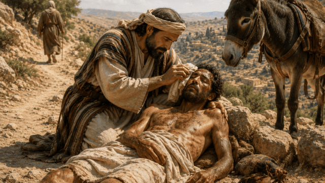The Good Samaritan The Good Samaritan helping an injured traveler on a rocky road.