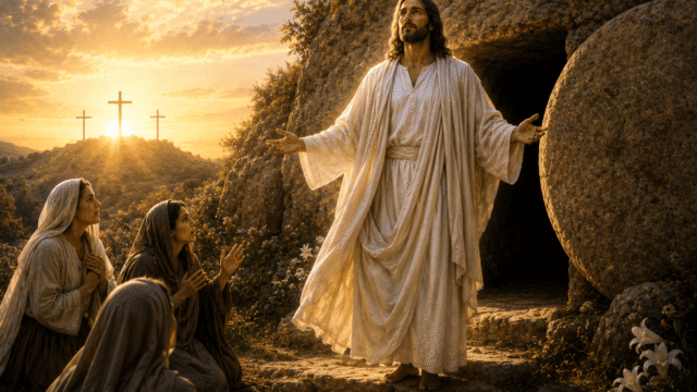 The Resurrection of Jesus Jesus standing outside the empty tomb after His resurrection at sunrise.